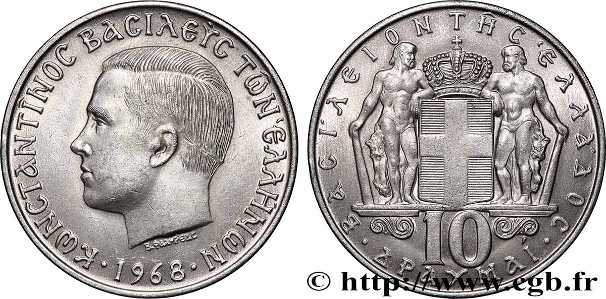 GRIECHENLAND 10 Drachmes Constantin II 1968 Athènes VZ 