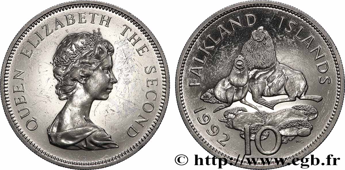 ÎLES FALKLAND 10 Pence Elisabeth II / Otaries à fourrure des Falklands 1992 Llantrisant SUP 