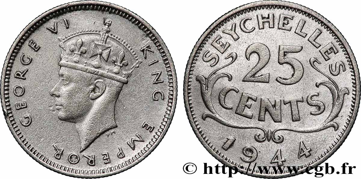 SEYCHELLES 25 Cents Georges VI 1944 Londres TTB 