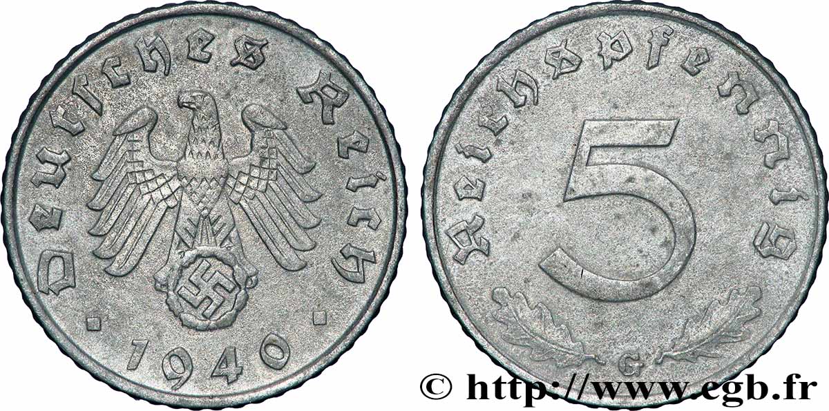 GERMANY 5 Reichspfennig aigle surmontant une swastika 1940 Karlsruhe XF 