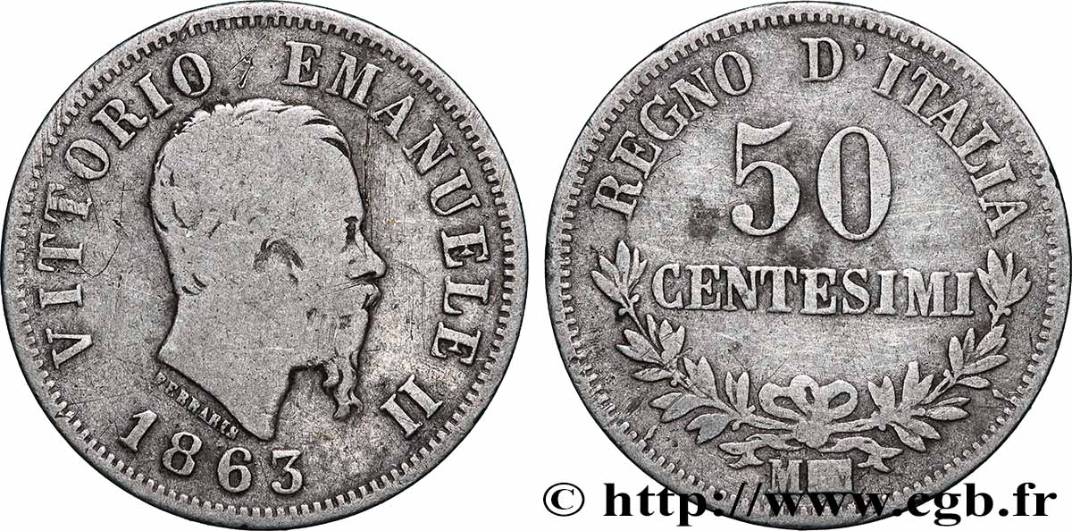 ITALIE 50 Centesimi Victor Emmanuel II 1863 Milan TB 