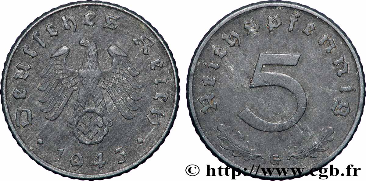 GERMANIA 5 Reichspfennig aigle surmontant une swastika 1943 Karlsruhe BB 
