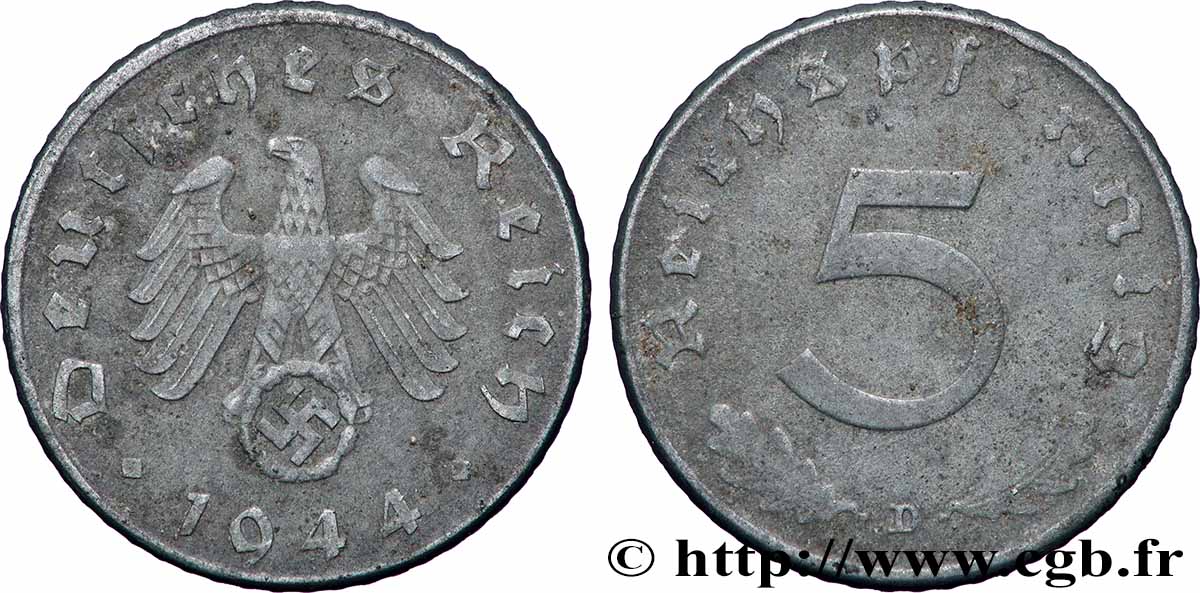 GERMANY 5 Reichspfennig aigle surmontant une swastika 1944 Munich XF 