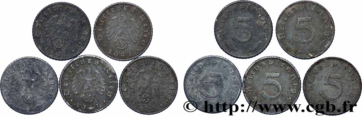 GERMANIA Lot 5 x 5 Reichspfennig aigle surmontant une swastika Années diverses Atelier Divers q.BB 