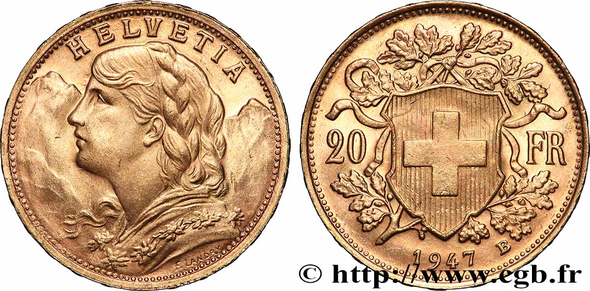 OR, PALLADIUM ET PLATINE INVESTISSEMENT 20 Francs or &nbsp;Vreneli&nbsp; 1947 Berne SUP 