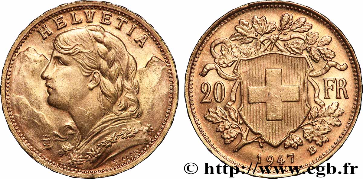 OR, PALLADIUM ET PLATINE INVESTISSEMENT 20 Francs or &nbsp;Vreneli&nbsp; 1947 Berne SUP 