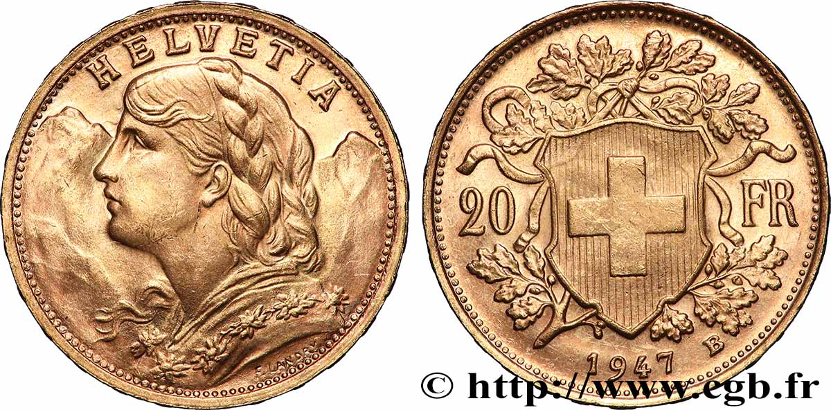 ORO, PALADIO Y PLATINO INVERSIÓN 20 Francs or &nbsp;Vreneli&nbsp; 1947 Berne EBC 