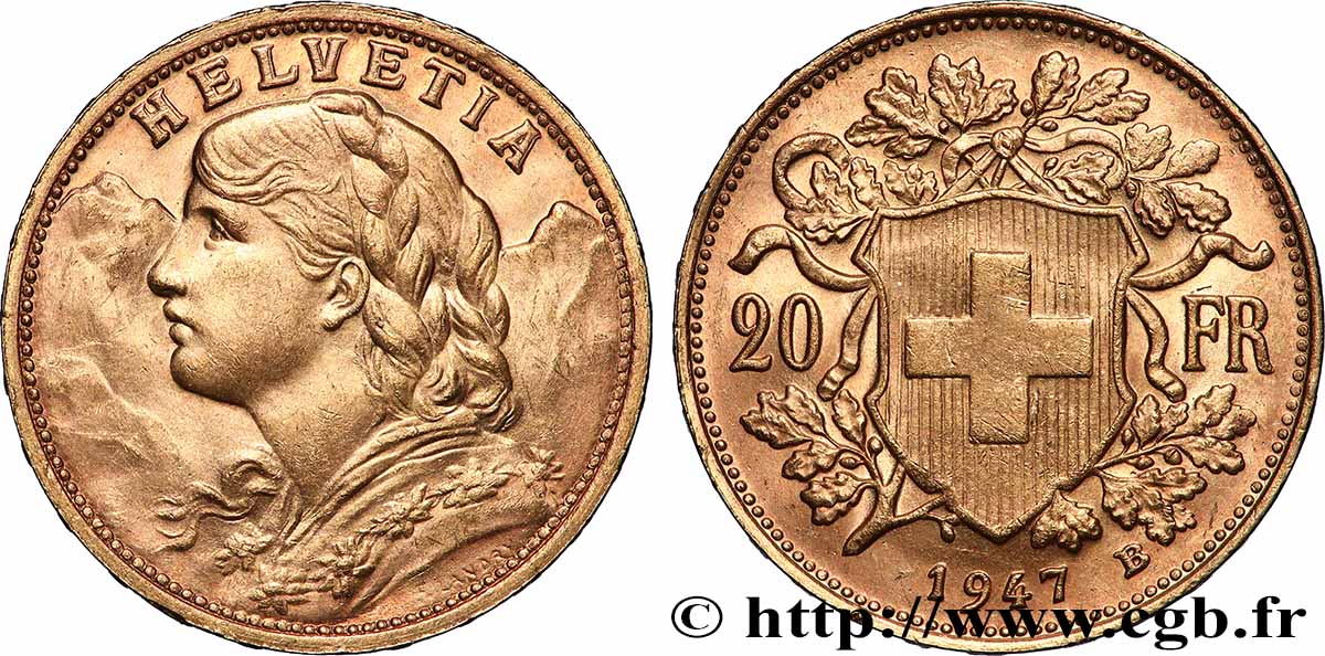 OR, PALLADIUM ET PLATINE INVESTISSEMENT 20 Francs or &nbsp;Vreneli&nbsp; 1947 Berne SUP 