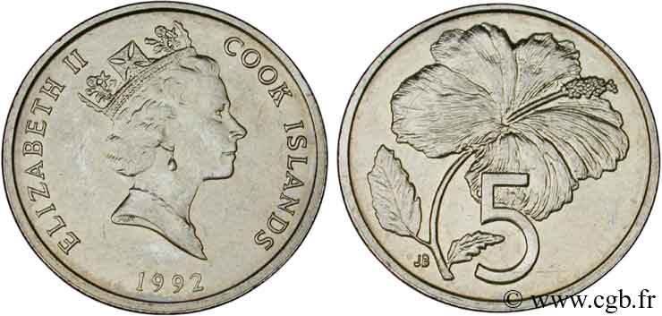 ÎLES COOK  5 Cents Elisabeth II / hibiscus 1992  SPL 