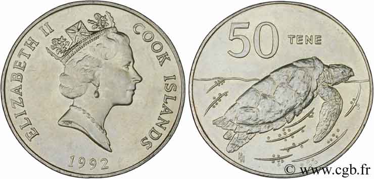 COOK ISLANDS 50 Tene Elisabeth II / tortue de mer 1992  MS 