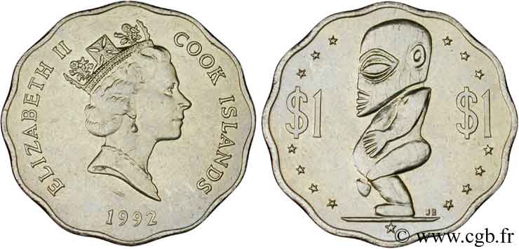 COOK INSELN 1 Dollar Elisabeth II / statue de Tangaroa, Dieu de la création 1992  fST 