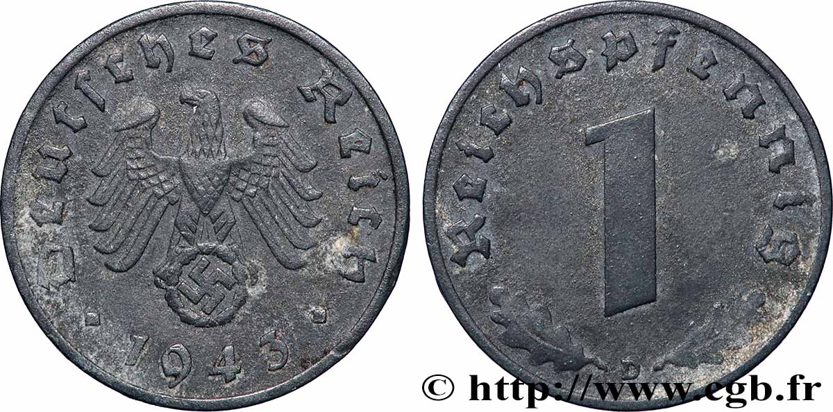 GERMANY 1 Reichspfennig aigle et swastika 1943 Munich XF 