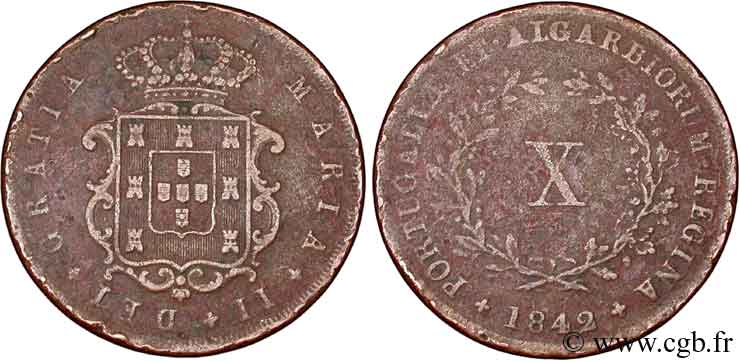 PORTUGAL 10 Réis Marie II (Maria) 1842  BC+ 