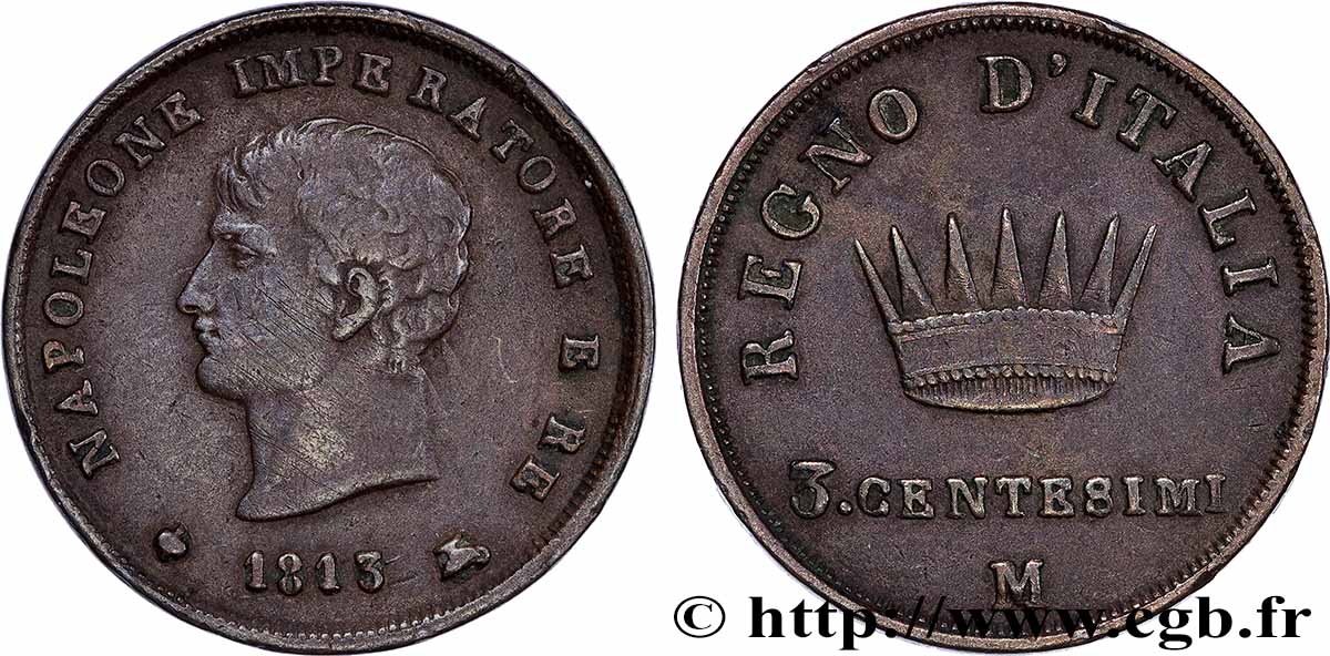 ITALY - KINGDOM OF ITALY - NAPOLEON I 3 Centesimi 1813 Milan XF 
