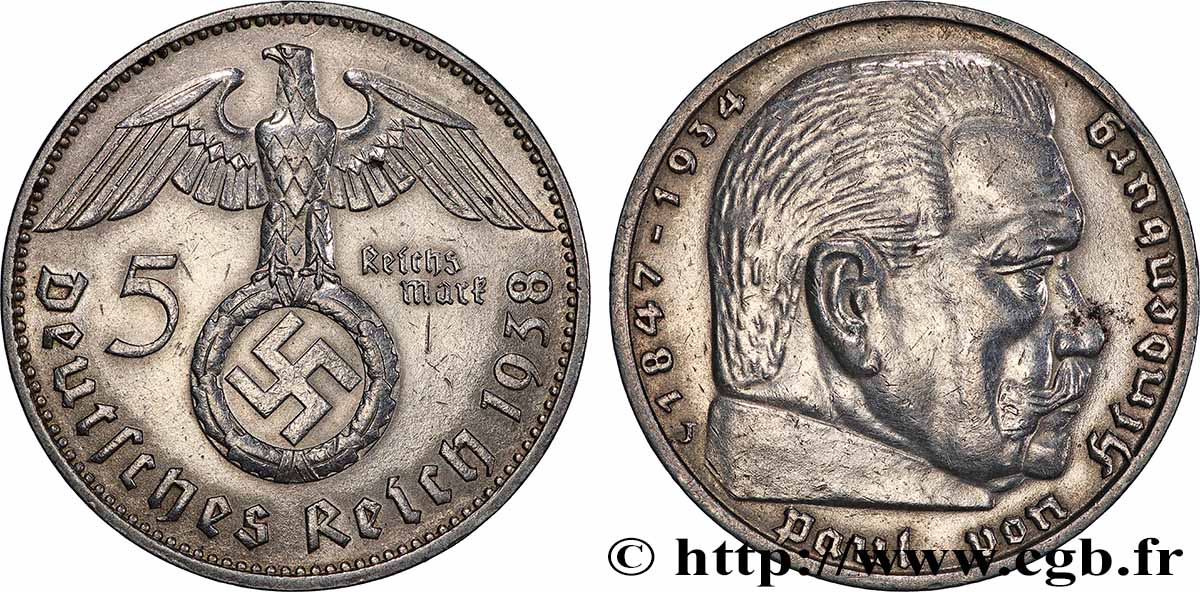 ALLEMAGNE 5 Reichsmark Aigle / Maréchal Paul von Hindenburg 1938 Hambourg TTB+ 