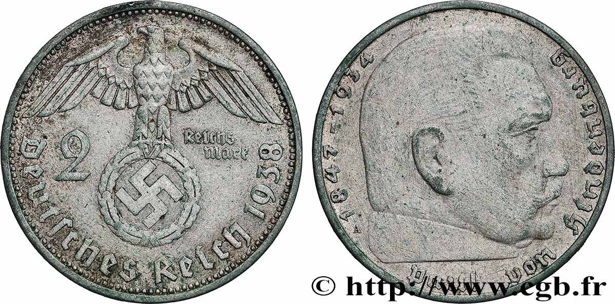 GERMANY 2 Reichsmark Paul von Hindenburg 1938 Berlin XF 