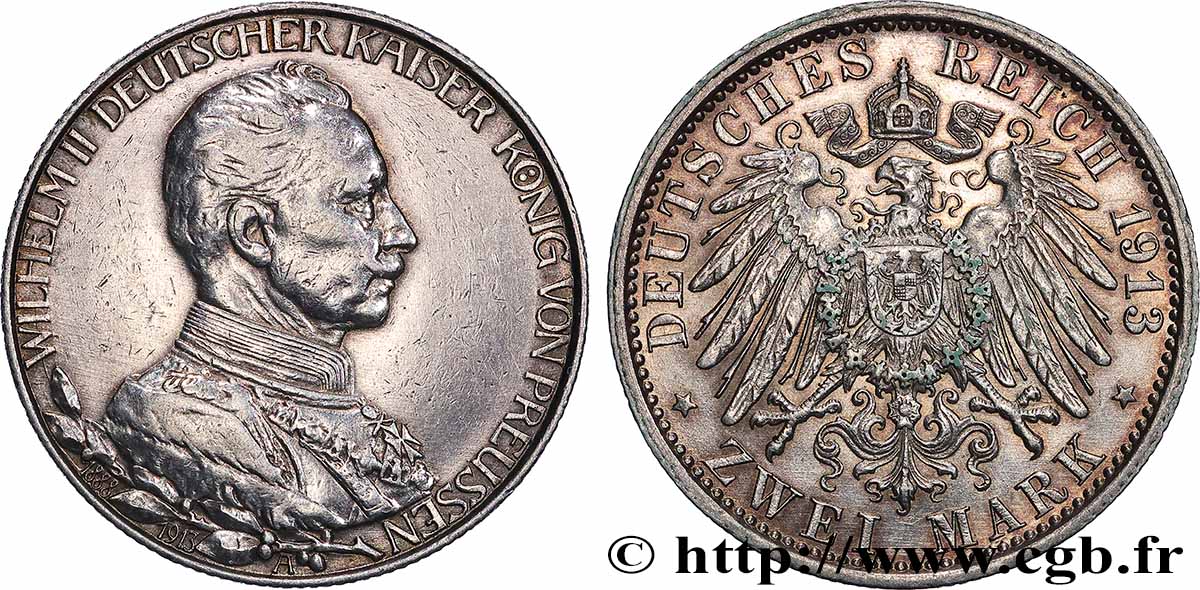 GERMANY - PRUSSIA 2 Mark 25e anniversaire de règne de Guillaume II 1913 Berlin AU 