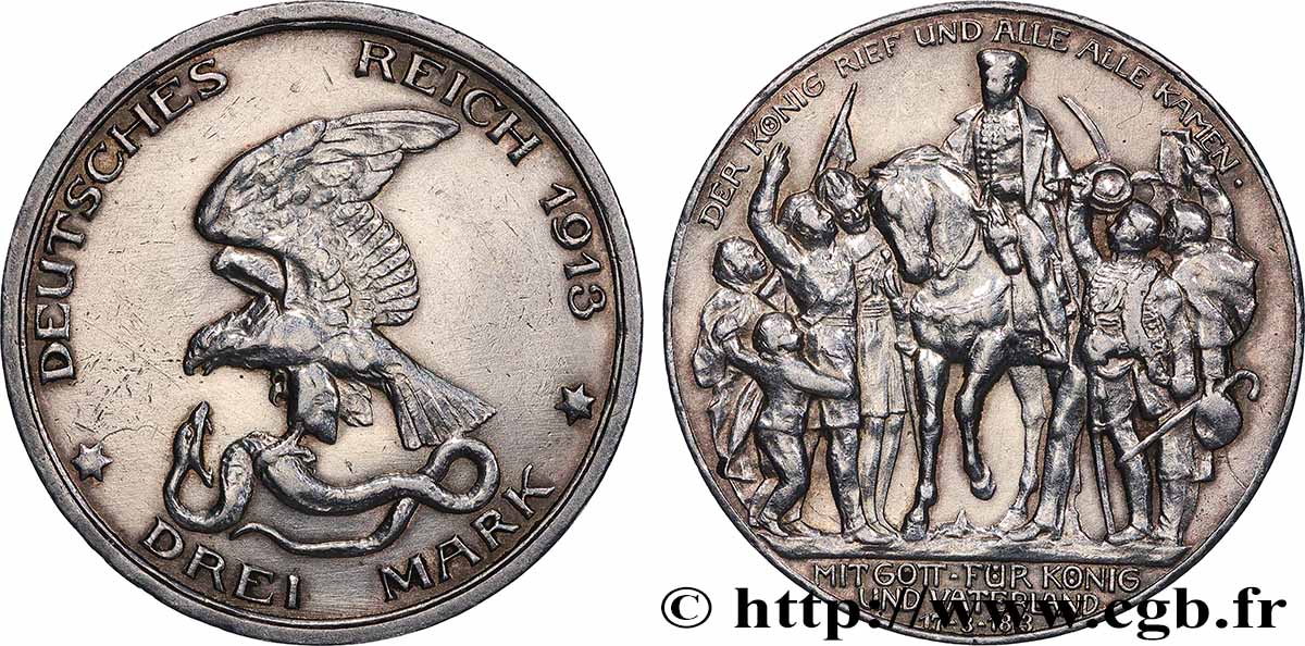 ALLEMAGNE - PRUSSE 3 Mark 100e anniversaire défaite de Napoléon 1913 Berlin TTB+ 