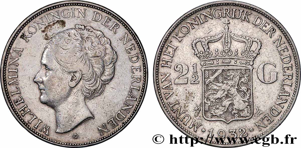NETHERLANDS 2 1/2 Gulden Wilhelmina 1932 Utrecht AU 