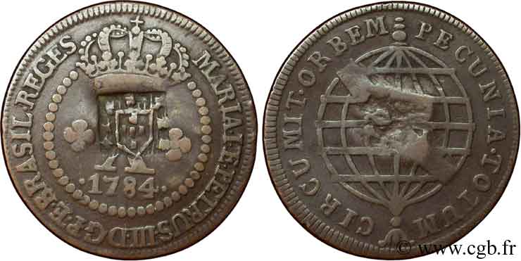 BRASIL 10 Reis Marie I et Pierre III (Maria I e Pedro III) avec surfrappe 1784  MBC 