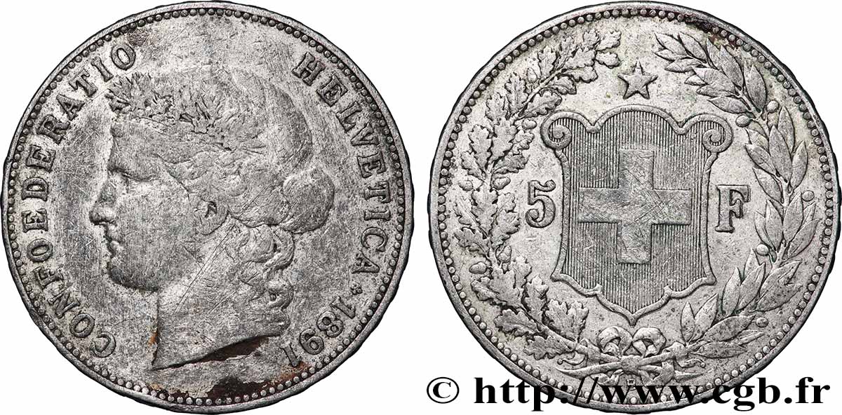 ARGENT D&nbsp;INVESTISSEMENT 5 Francs Helvetia 1891 Berne TB 