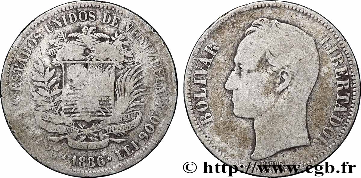 ARGENT D&nbsp;INVESTISSEMENT 5 Bolivares Simon Bolivar 1886 Caracas TB 