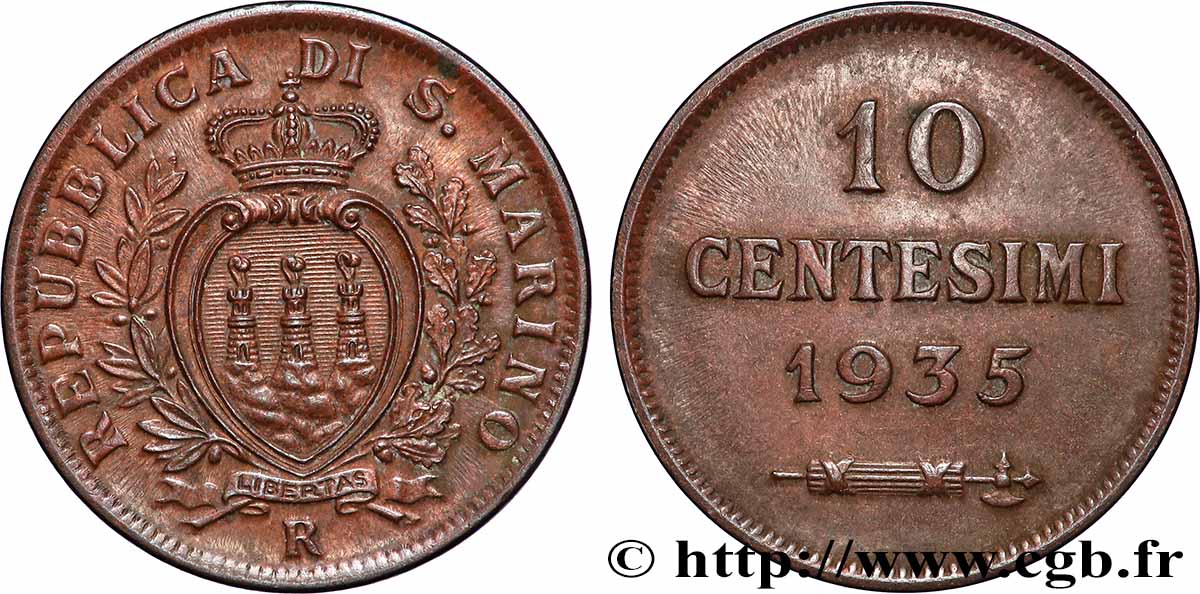 SAINT-MARIN 10 Centesimi écu aux trois tours 1935 Rome - R TTB+ 