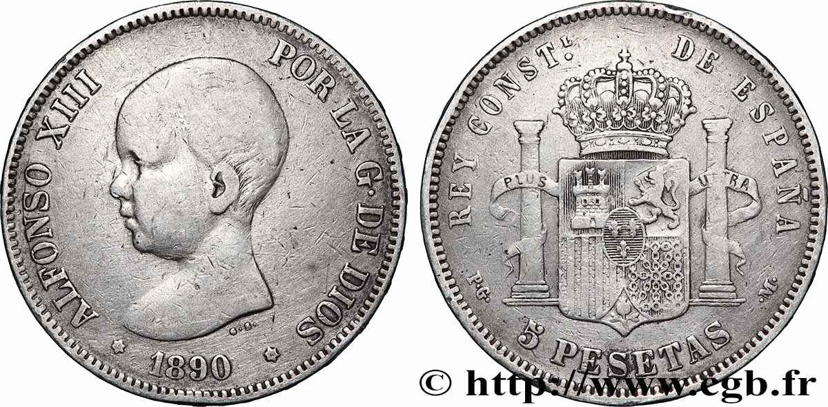 ARGENT D&nbsp;INVESTISSEMENT 5 Pesetas Alphonse XIII 1er type 1890 Madrid TTB 