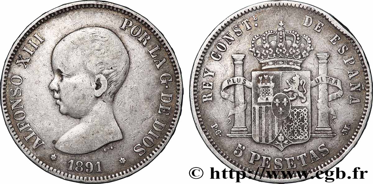 PLATA INVERSIÓN 5 Pesetas Alphonse XIII 1er type 1891 Madrid MBC 