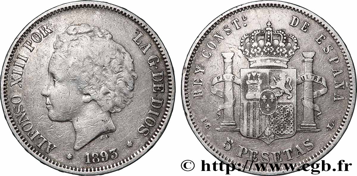 SILVER INVESTMENT 5 Pesetas Alphonse XIII 2e type 1893 Madrid VF 