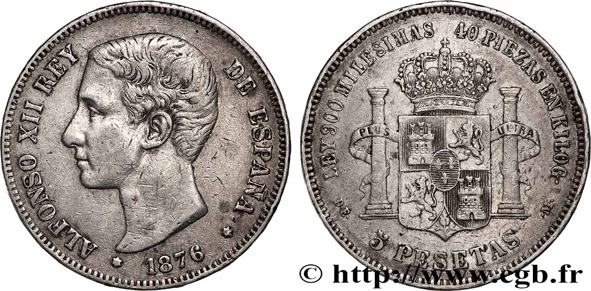 ARGENT D&nbsp;INVESTISSEMENT 5 Pesetas Alphonse XII 1876 Madrid TTB 