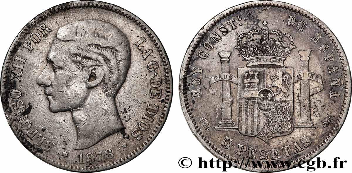 ARGENT D&nbsp;INVESTISSEMENT 5 Pesetas Alphonse XII 1878 Madrid TB+ 