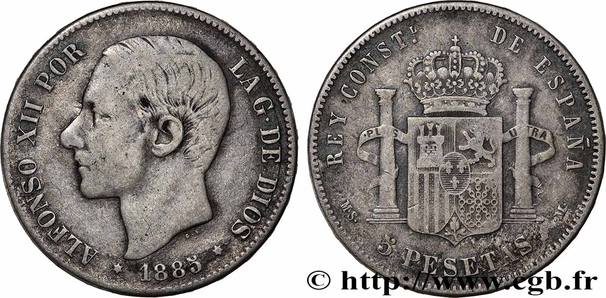 PLATA INVERSIÓN 5 Pesetas Alphonse XII  1885 Madrid BC+ 