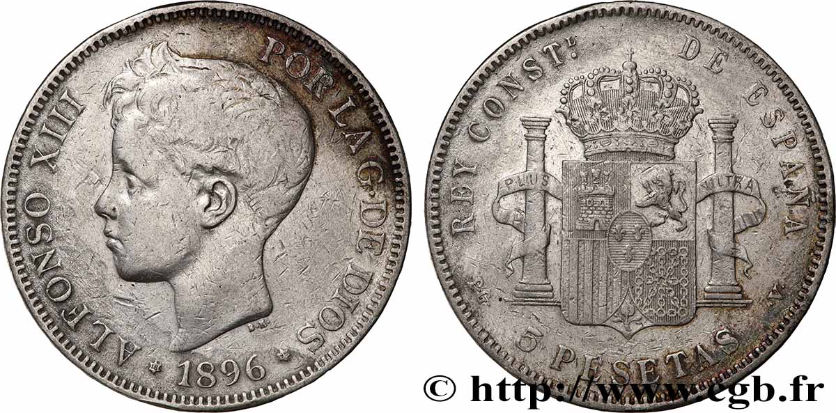 ARGENT D&nbsp;INVESTISSEMENT 5 Pesetas Alphonse XIII 3e type 1896 Madrid TTB 
