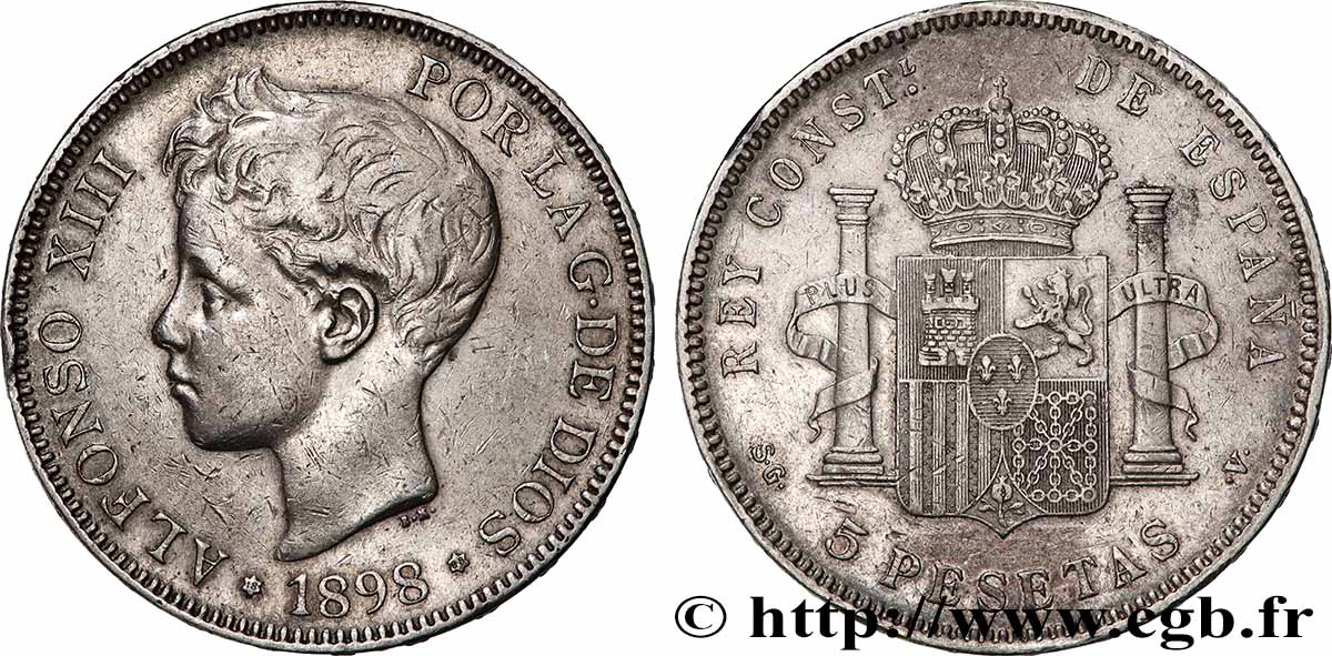 SILVER INVESTMENT 5 Pesetas Alphonse XIII 3e type 1898 Madrid XF 