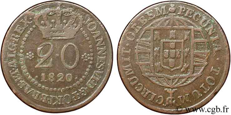 MOZAMBIK 20 Reis Jean VI (Joao) type à 43 perles 1821 Rio de Janeiro fVZ 