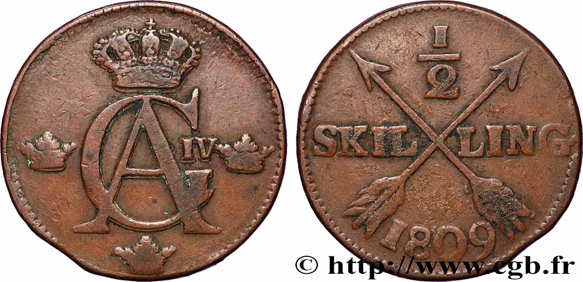 SCHWEDEN 1/2 Skilling Gustave IV Adolphe 1809 Kungsholmen fSS 