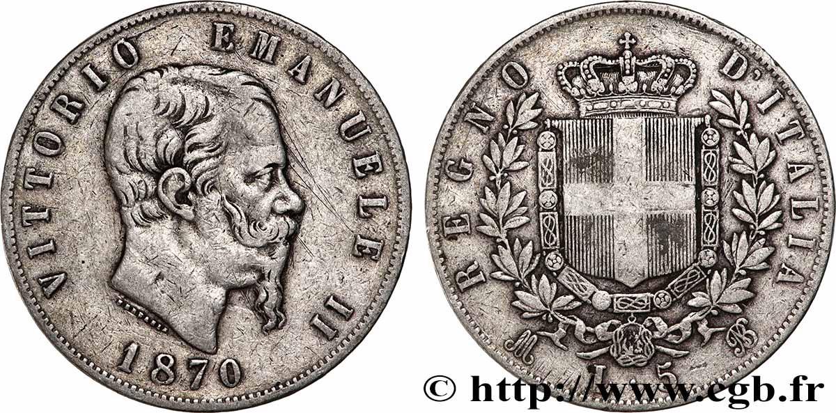 ARGENT D&nbsp;INVESTISSEMENT 5 Lire Victor Emmanuel II 1870 Milan TTB 