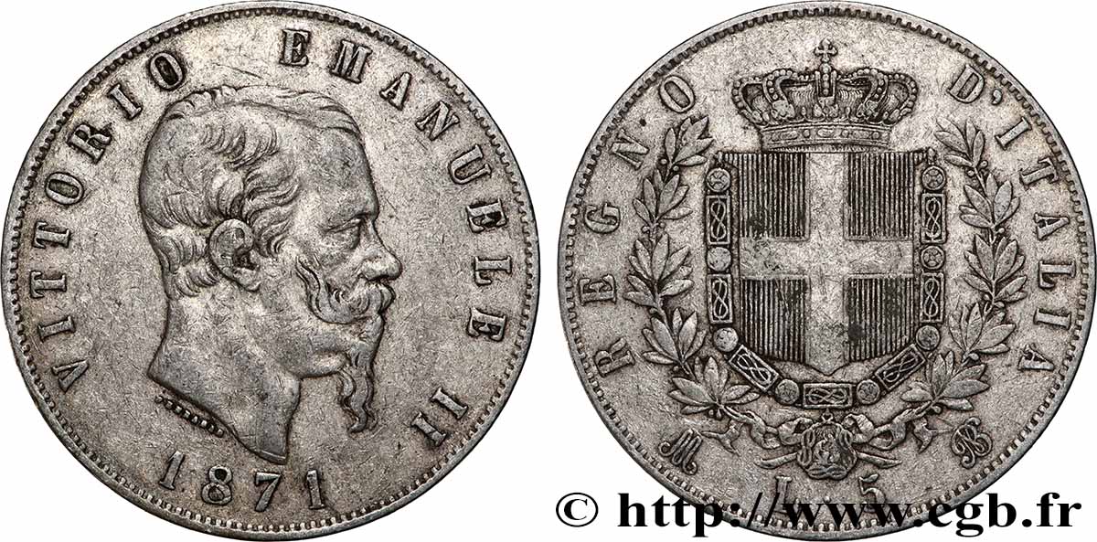 ARGENT D&nbsp;INVESTISSEMENT 5 Lire Victor Emmanuel II 1871 Milan TTB 