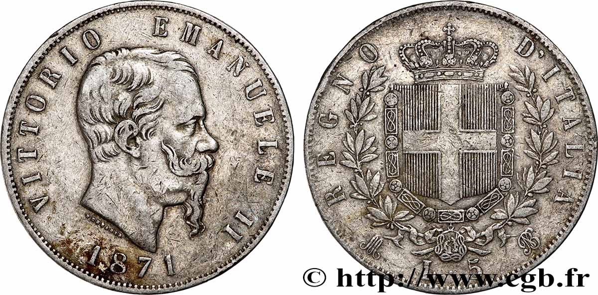 ARGENT D&nbsp;INVESTISSEMENT 5 Lire Victor Emmanuel II 1871 Milan TTB 