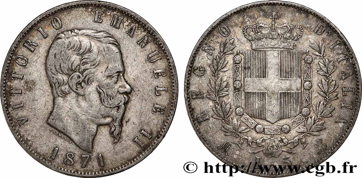 SILVER INVESTMENT 5 Lire Victor Emmanuel II 1871 Milan XF 