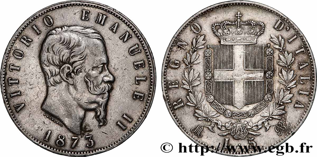 ARGENTO INVESTIMENTO 5 Lire Victor Emmanuel II 1873 Milan BB 