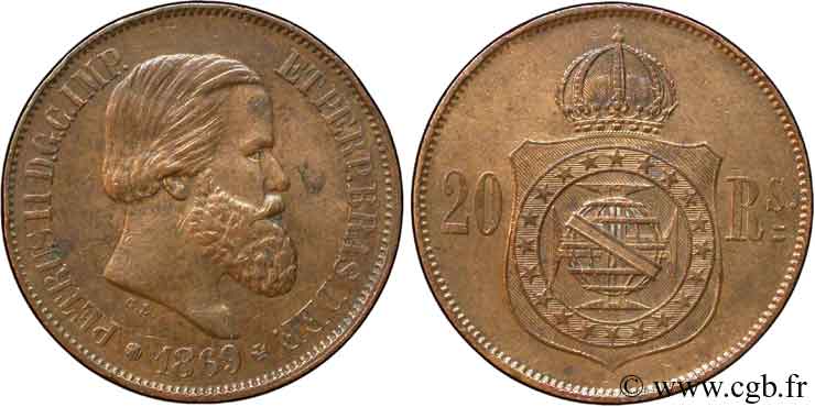 BRASILIEN 20 Réis  Empereur Pierre II 1869  fST 