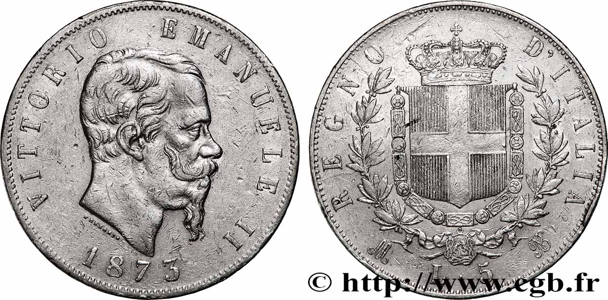 ARGENT D&nbsp;INVESTISSEMENT 5 Lire Victor Emmanuel II 1873 Milan TTB 