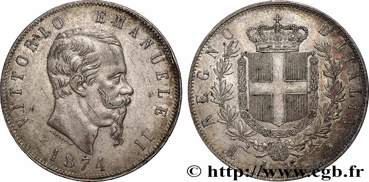 ARGENT D&nbsp;INVESTISSEMENT 5 Lire 1874 Milan SUP 