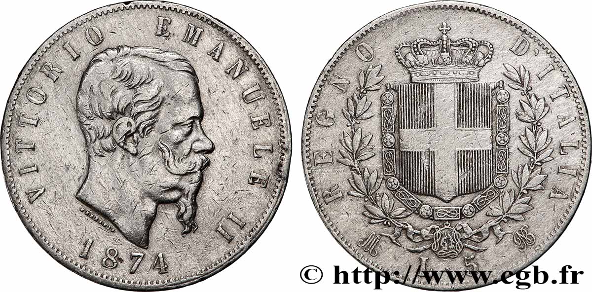 ARGENT D&nbsp;INVESTISSEMENT 5 Lire 1874 Milan TTB 