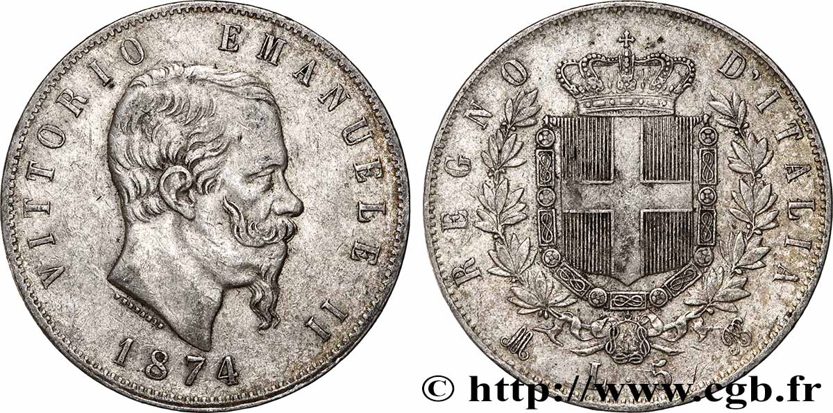 ARGENT D&nbsp;INVESTISSEMENT 5 Lire 1874 Milan TTB 