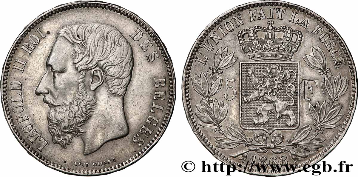 ARGENT D&nbsp;INVESTISSEMENT 5 Francs Léopold II 1868  SUP 