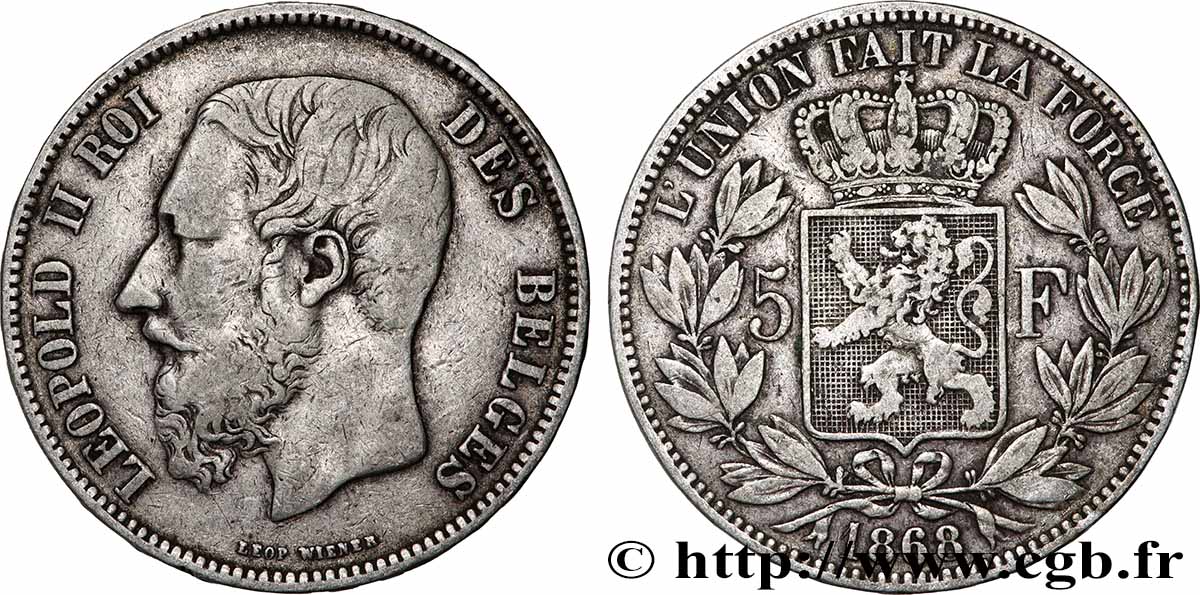 ARGENT D&nbsp;INVESTISSEMENT 5 Francs Léopold II 1868  TTB 