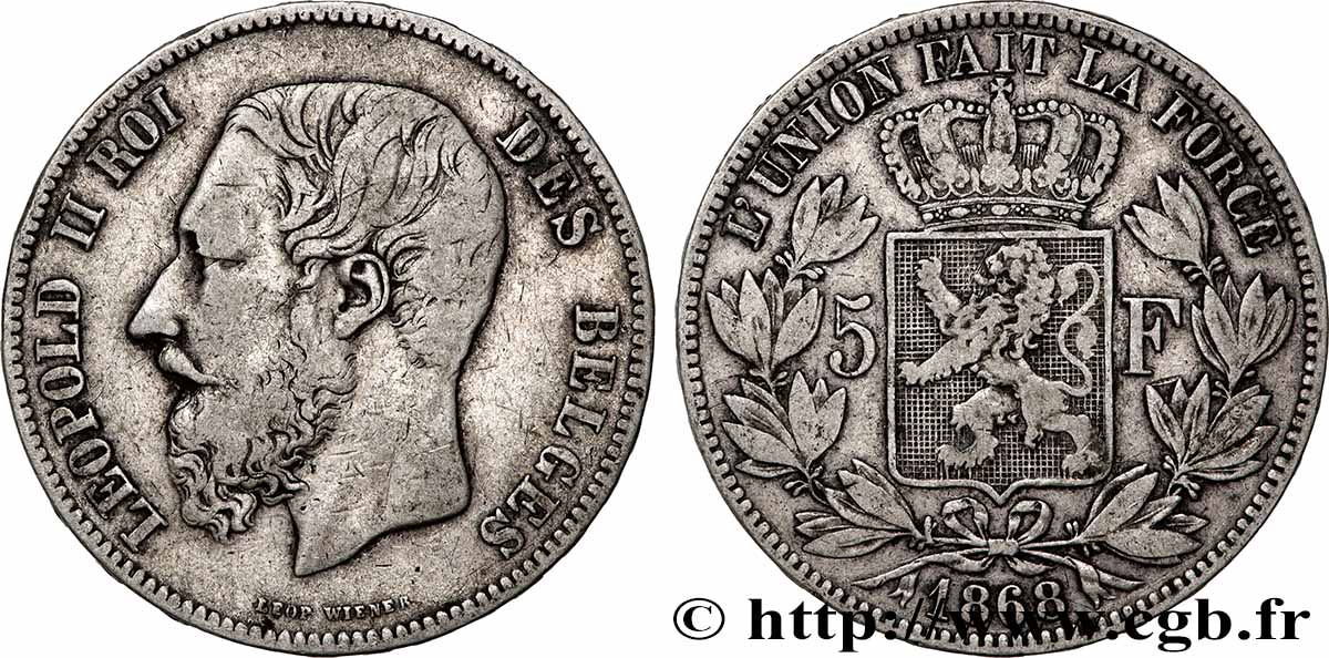 ARGENT D&nbsp;INVESTISSEMENT 5 Francs Léopold II 1868  TTB 